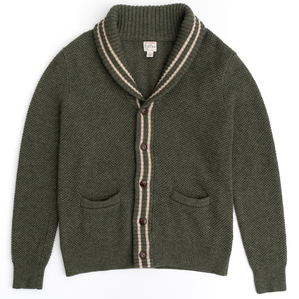 Mens Knit for J.Crew  Rugged Merino Size Large Wool Blend Green Cardigan Sweater